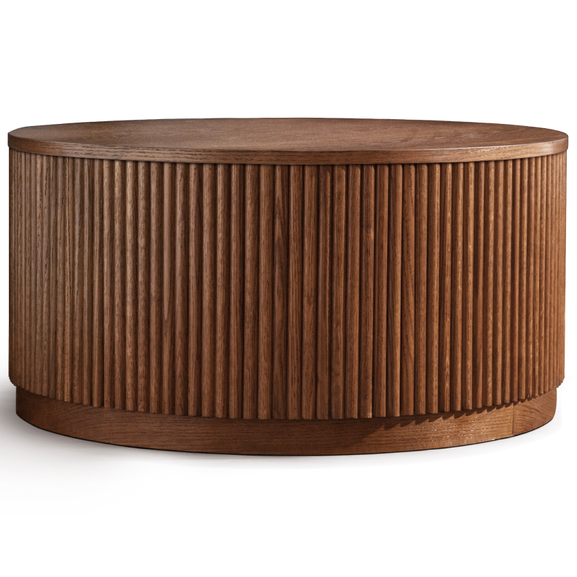 Wooden cylindrical table on a white background