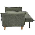 Green upholstered bed with wooden legs on a white background