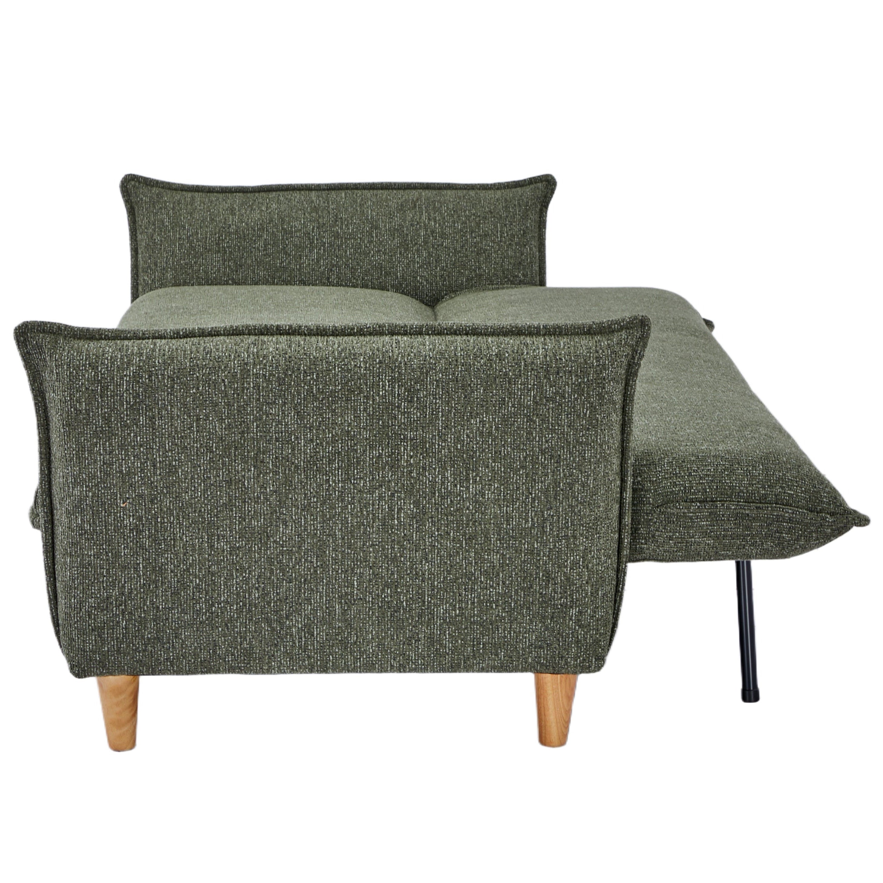 Green upholstered bed with wooden legs on a white background