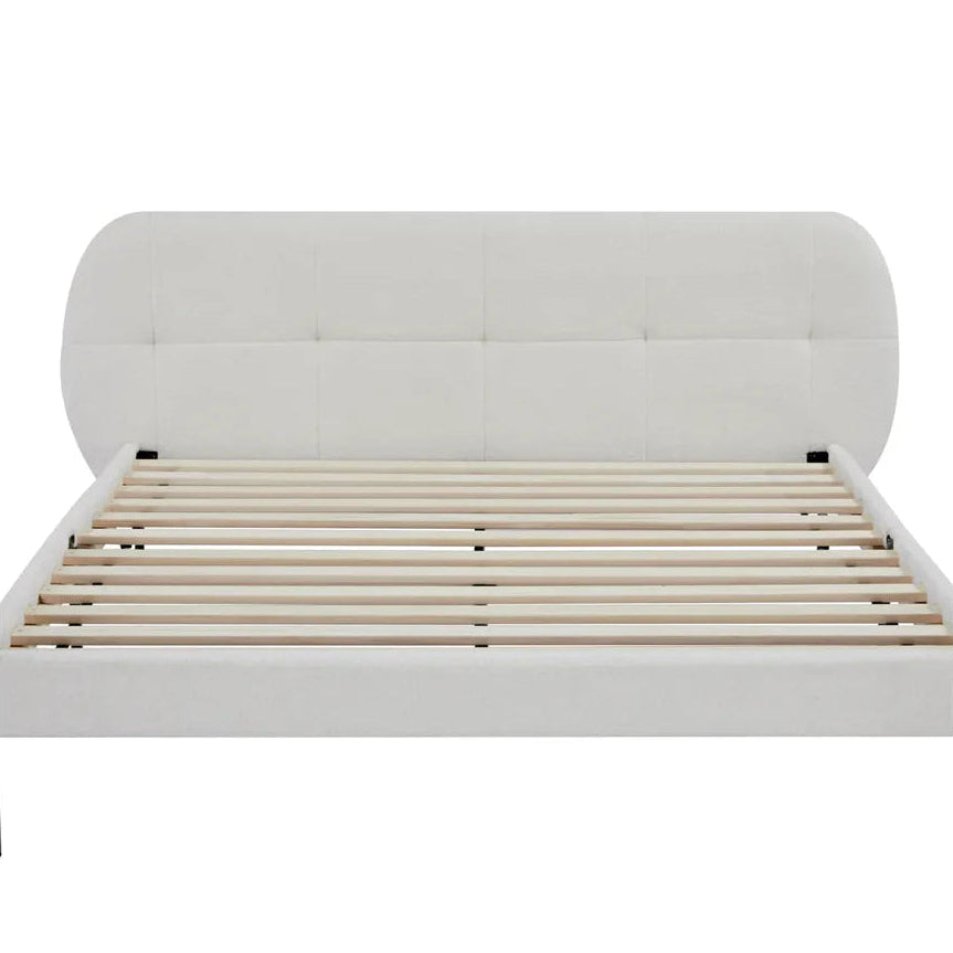 White bed frame with wooden slats on a white background