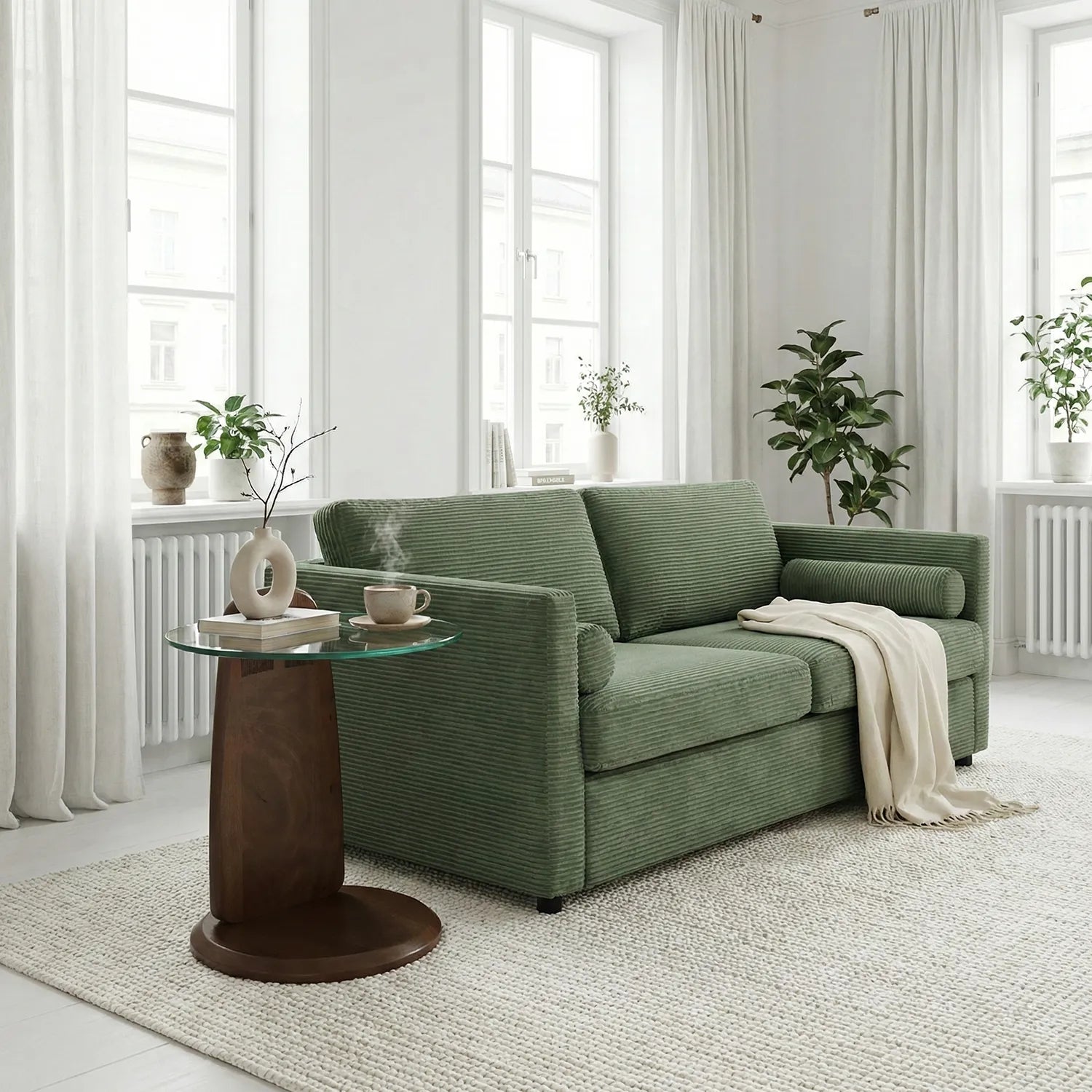 Green sofa in a bright living room with a small table and decorative items.