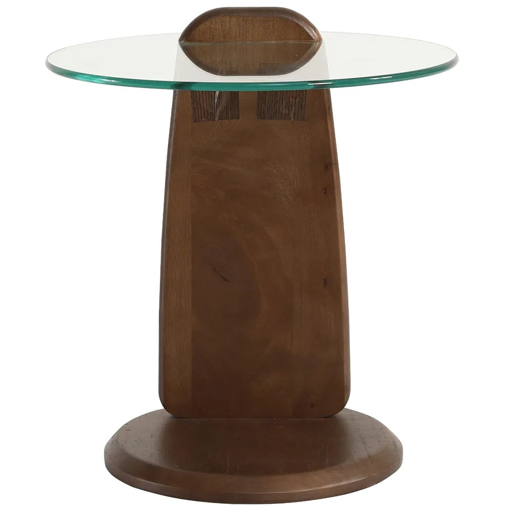 Small round wooden table with a glass top on a white background