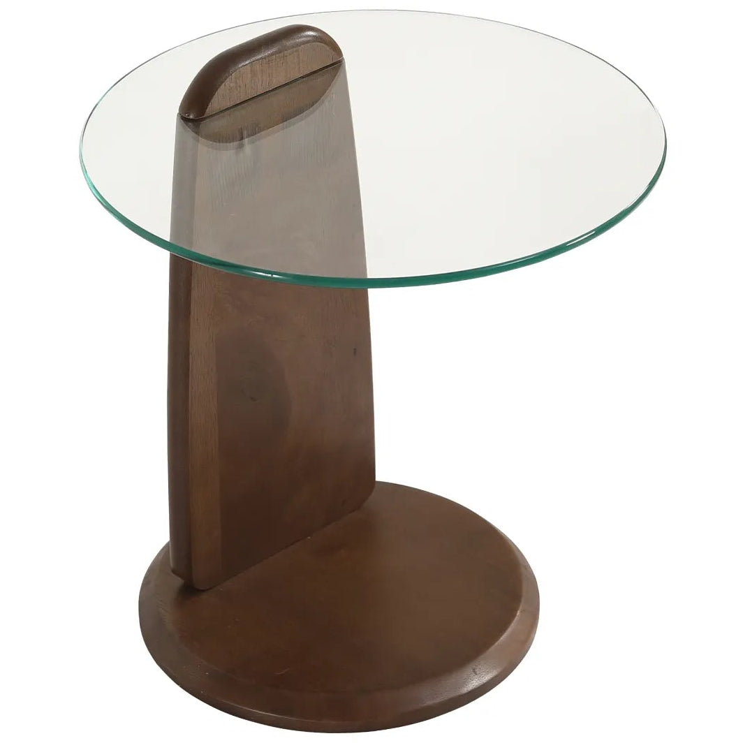 Glass-top side table with wooden base on a white background