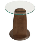 Glass-top side table with wooden base on a white background