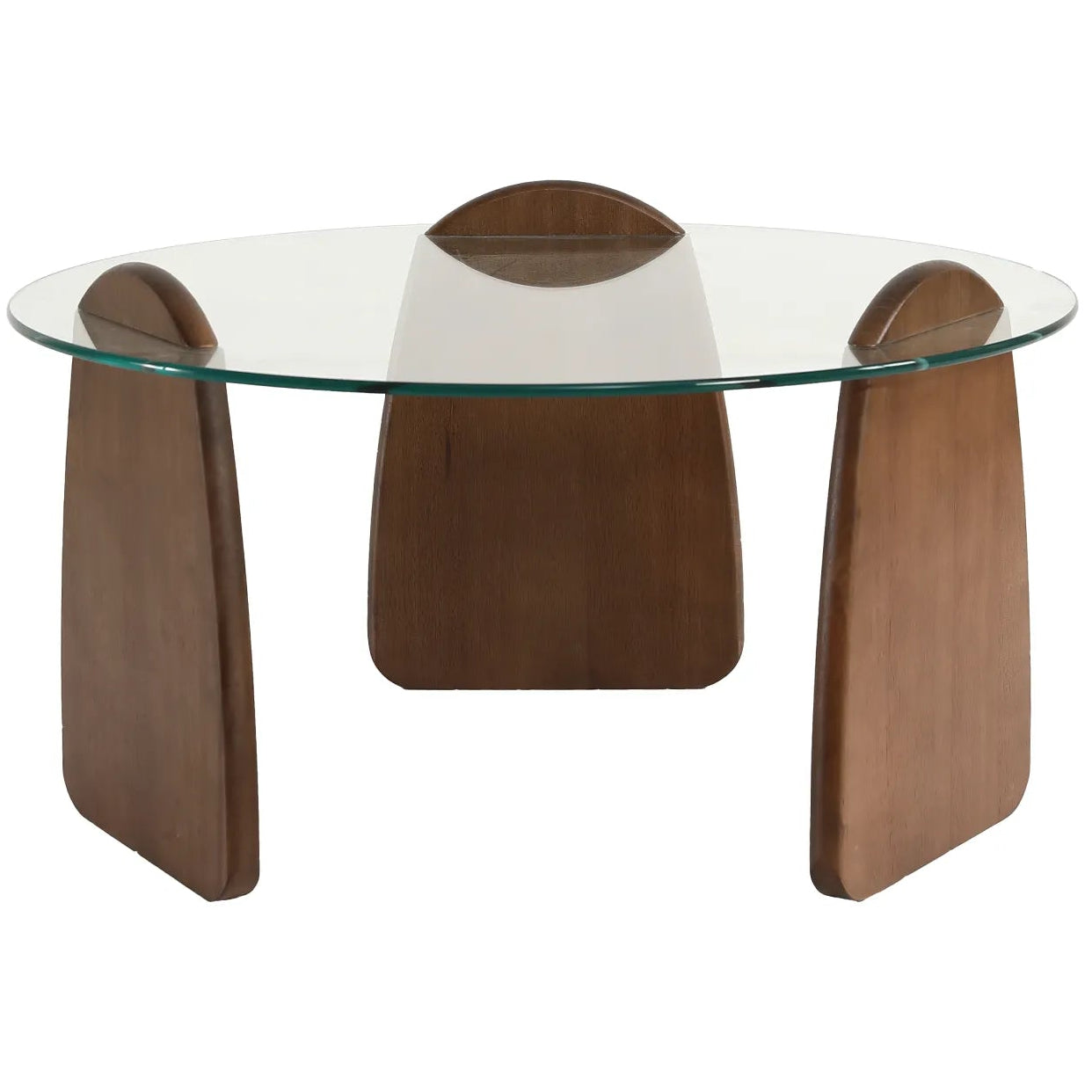 Glass-top table with wooden legs on a white background