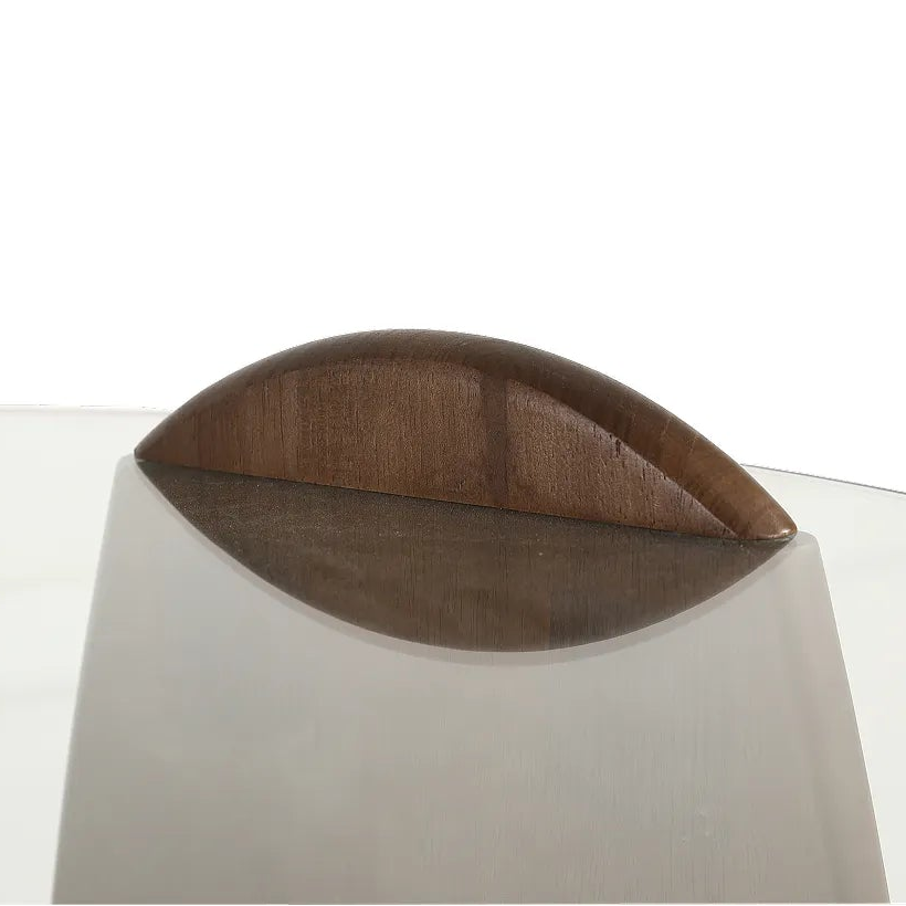 Close-up of a modern vase with a wooden base on a white background
