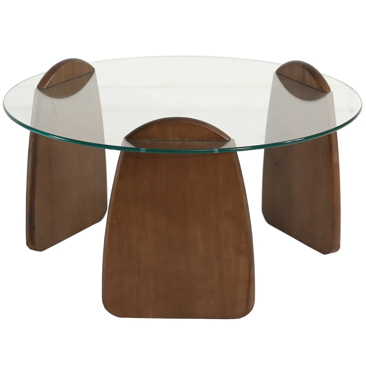 Glass-top table with wooden legs on a white background