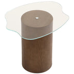 Modern side table with wooden base and glass top on a white background
