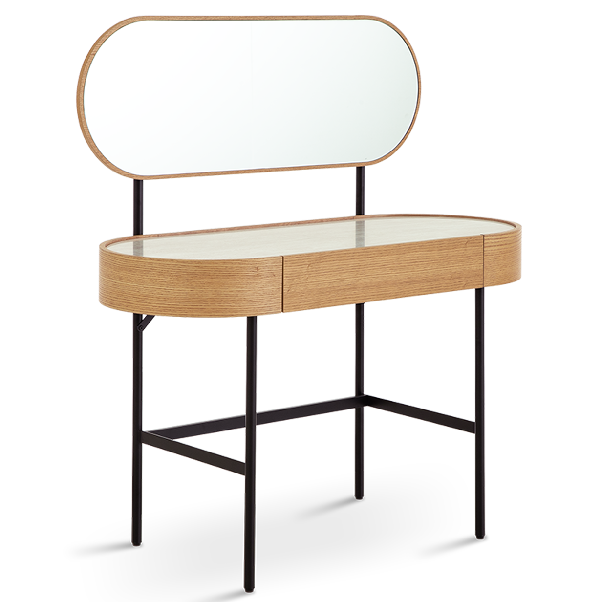 Wooden console table with mirror on a white background