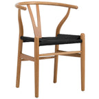 Wooden chair with black woven seat on a white background