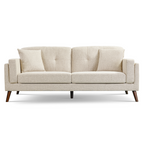 Beige sofa with wooden legs on a white background