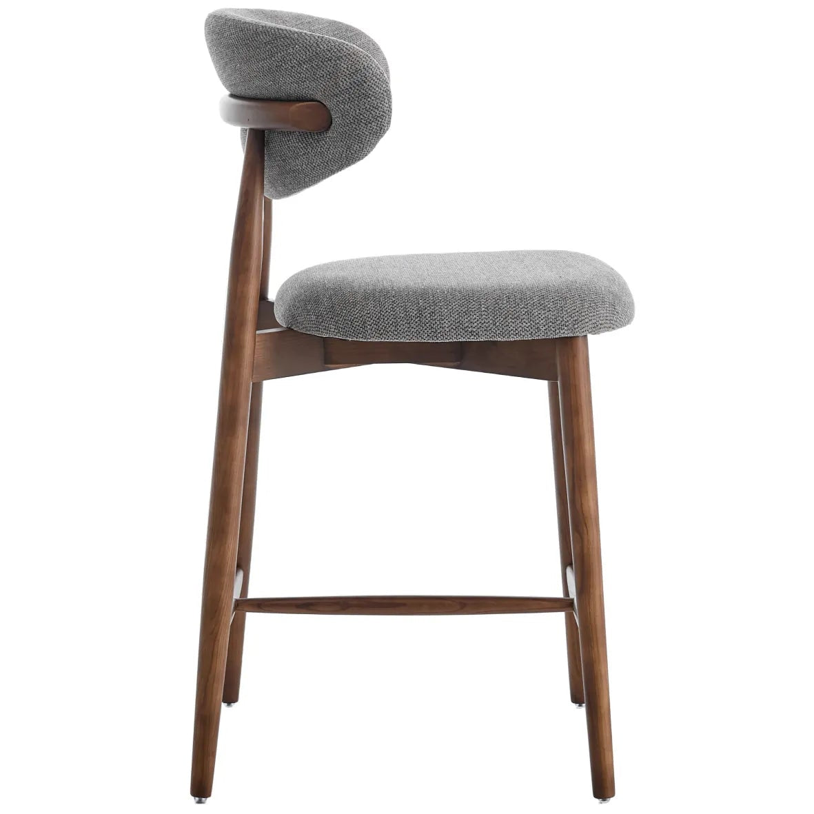 Gray cushioned bar stool with wooden legs on a white background