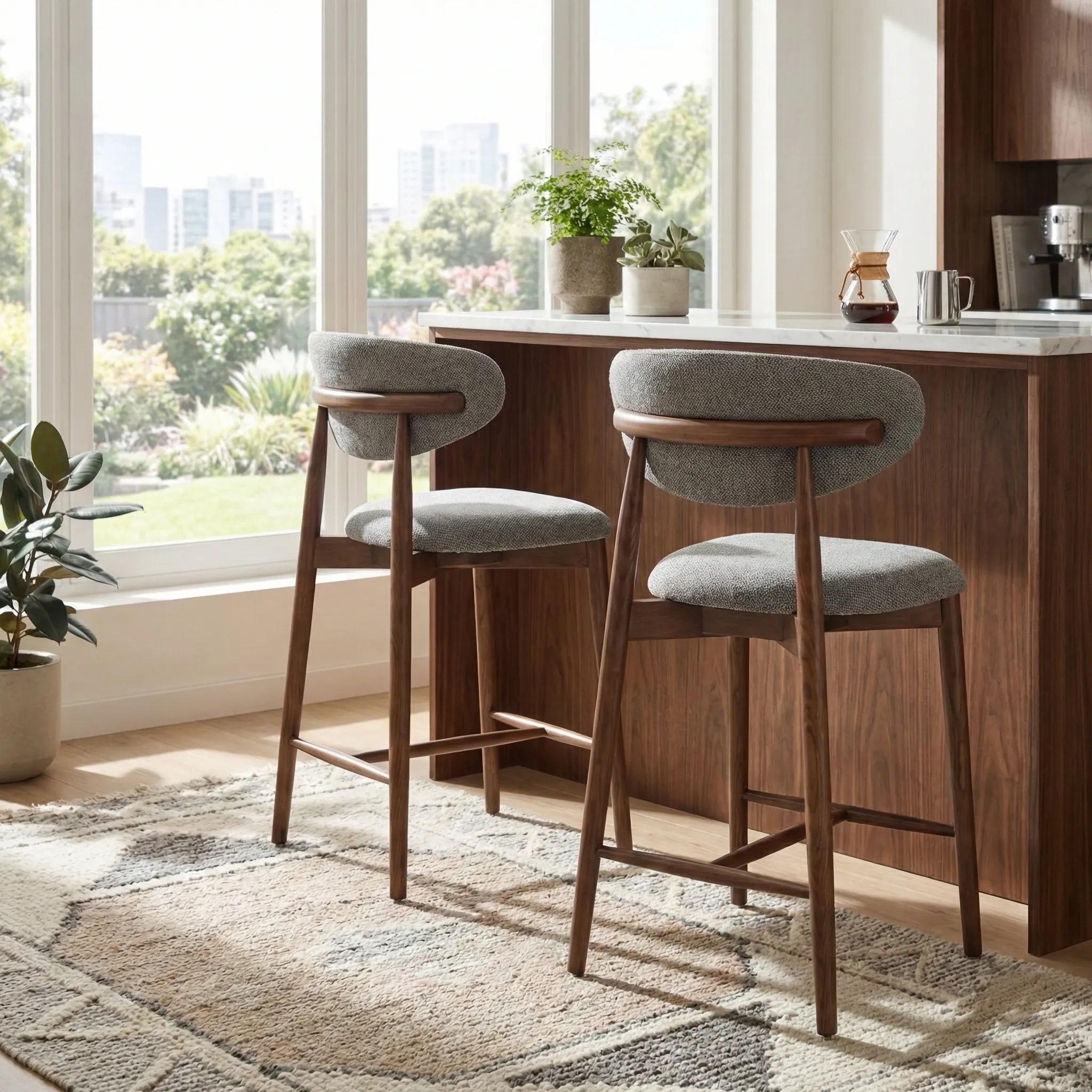 Wisby Bar Stool – Grey Fabric | Walnut Finish