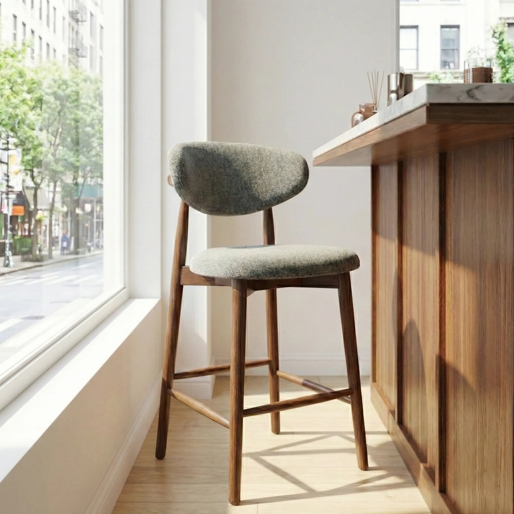 Wisby Bar Stool – Grey Fabric | Walnut Finish